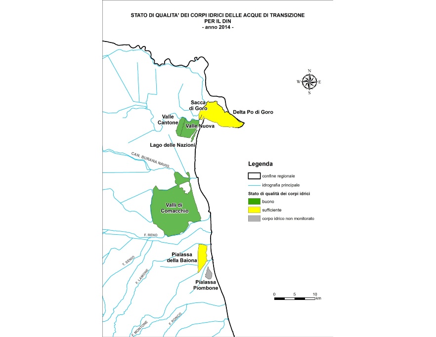 Rappresentazione territoriale dello stato di qualità dei corpi idrici per il DIN in funzione della salinità (2014)