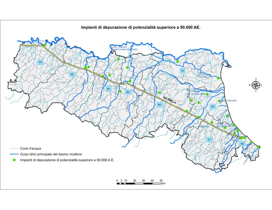 Localizzazione degli impianti di depurazione delle acque reflue urbane di potenzialità superiore a 50.000 AE (anno 2015)