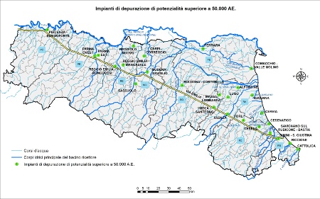 Figura 2: Localizzazione degli impianti di depurazione di acque reflue urbane di potenzialità superiore a 50.000 AE (anno 2020)