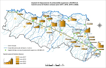 Figura 1: Impianti di depurazione di potenzialità superiore a 50.000 AE - Carichi di fosforo emessi (stime 2017-2020)