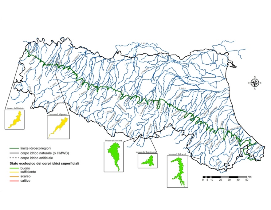 Distribuzione territoriale della valutazione dello Stato/Potenziale ecologico dei corpi idrici lacustri (invasi) (2014÷2016)