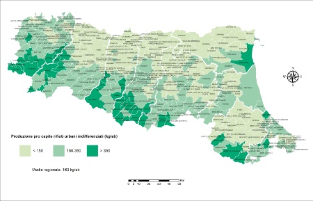 Figura 2: Rappresentazione grafica della produzione pro capite dei rifiuti urbani indifferenziati per comune (2022)