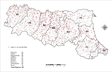 Figura 1: Ubicazione dei centri di raccolta rifiuti in Emilia-Romagna (2022)