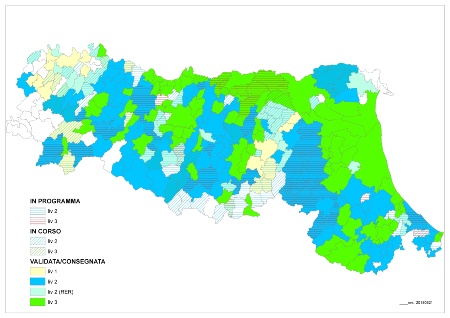 Figura 2: Mappa degli studi di microzonazione sismica realizzati, in corso e in programma in Emilia-Romagna