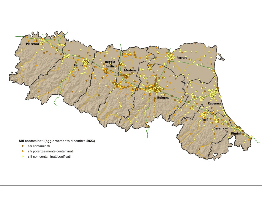 Localizzazione dei siti contaminati presenti in anagrafe, al 31 dicembre 2023