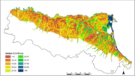Figura 3: Distribuzione geografica del contenuto di sabbia nell'orizzonte superficiale (0-30 cm) dei suoli della pianura emiliano-romagnola (2015)