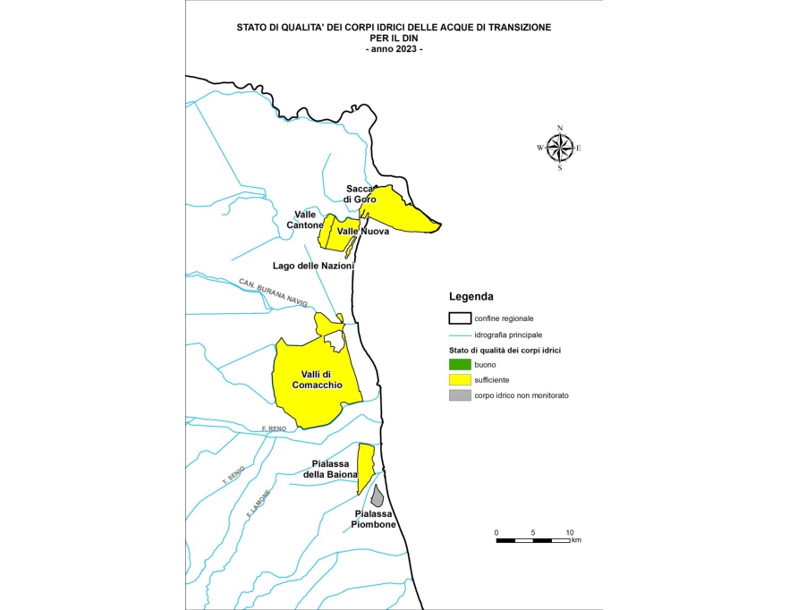 Rappresentazione territoriale dello stato di qualità dei corpi idrici per il DIN in funzione della salinità (2023)