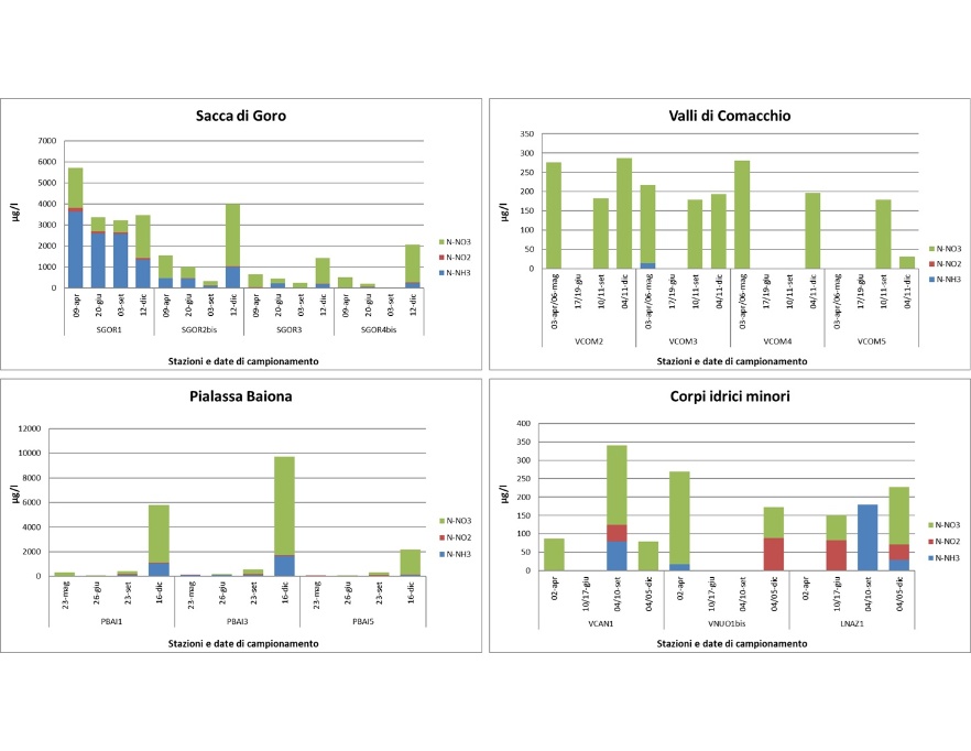 Concentrazioni di NH3, NO2 e NO3 nei corpi idrici di transizione (2024). Nota: NH3, NO2 e NO3 in µg/l