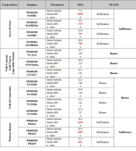 Tabella 1: Stato di qualità dei corpi idrici per il DIN, in funzione della salinità (2024)          Nota: salinità in psu; DIN in µg/l