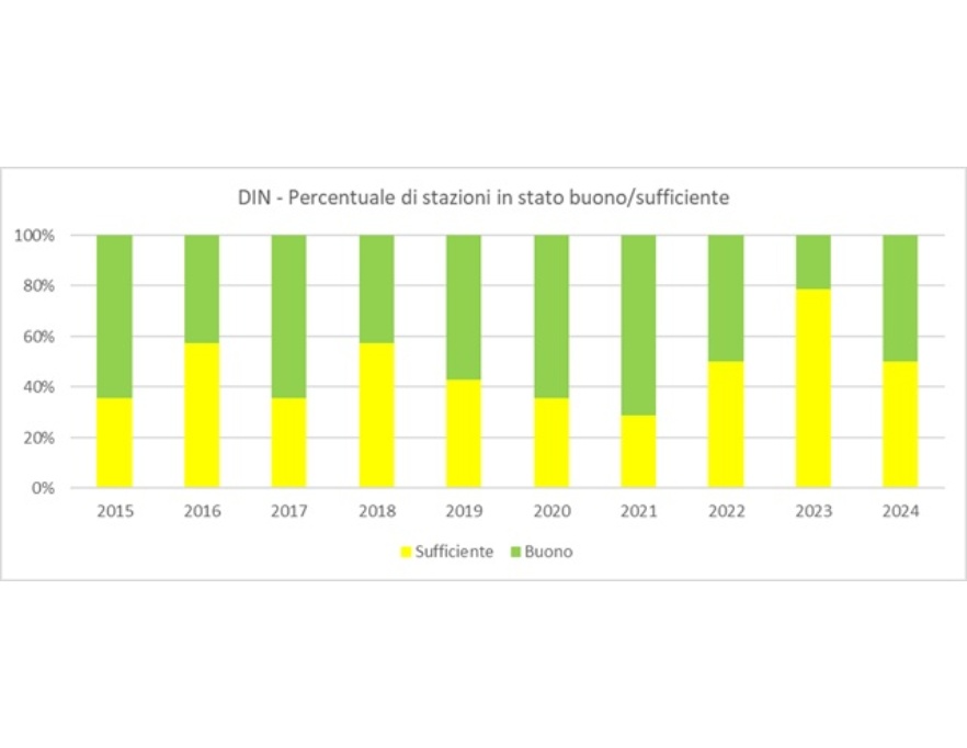 Stato di qualità per il DIN: percentuali stazioni in stato buono/sufficiente (2015-2024)