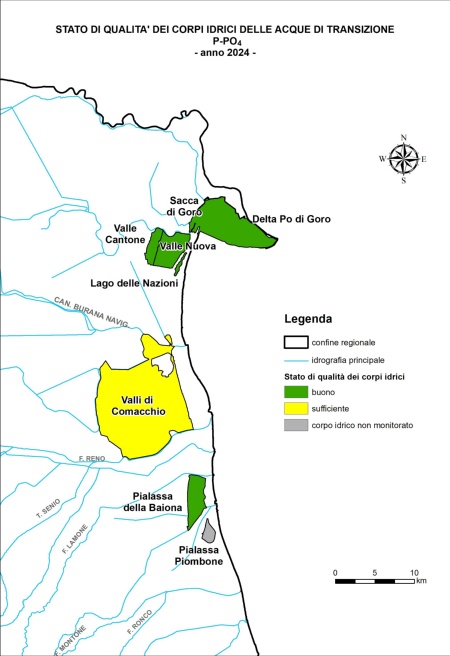 Figura 2: Stato di qualità dei corpi idrici di transizione per il P-PO4, in funzione della salinità (2024)