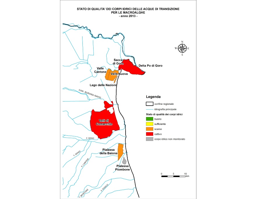 Rappresentazione territoriale dello stato di qualità dei corpi idrici per le macroalghe (2013)
