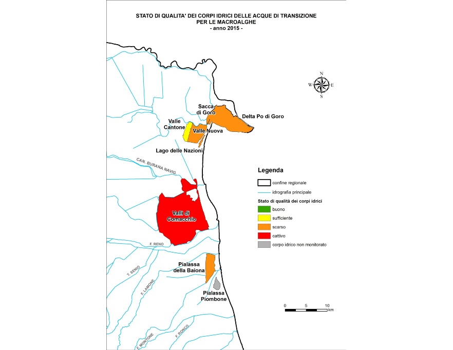 Rappresentazione territoriale dello stato di qualità dei corpi idrici per le macroalghe (2015)