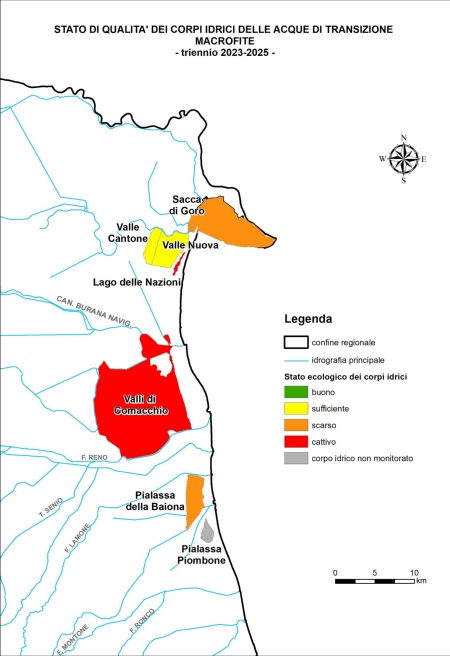 Figura 1: Stato di qualità dei corpi idrici delle acque di transizione per EQB Macrofite valutato tramite l'indice MaQI (2023÷2025)