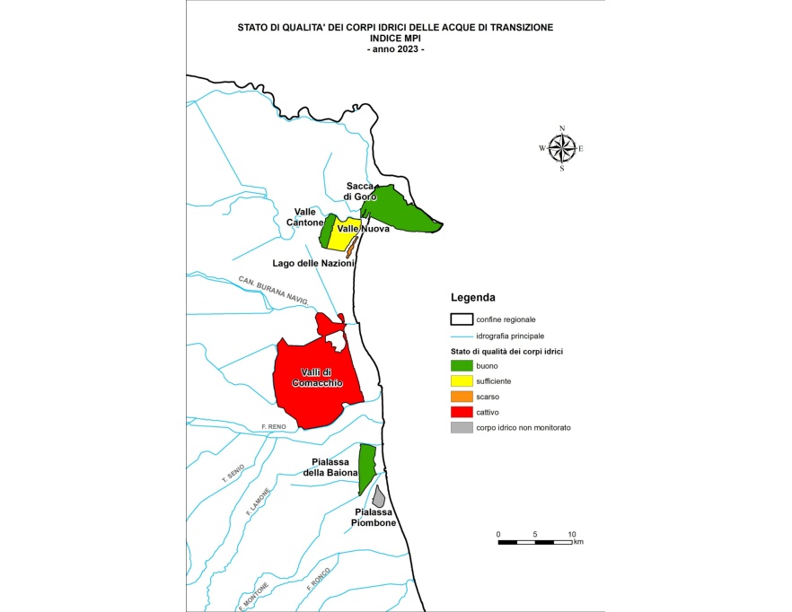Stato di qualità dei corpi idrici delle acque di transizione, indice MPI (2023)