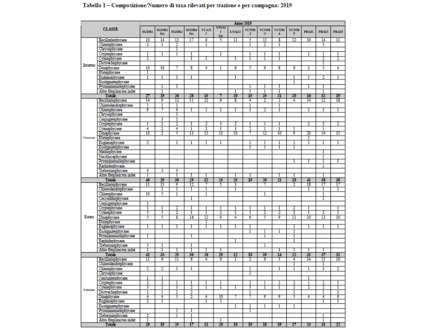 Composizione/Numero di taxa rilevati per stazione e per campagna (2019)