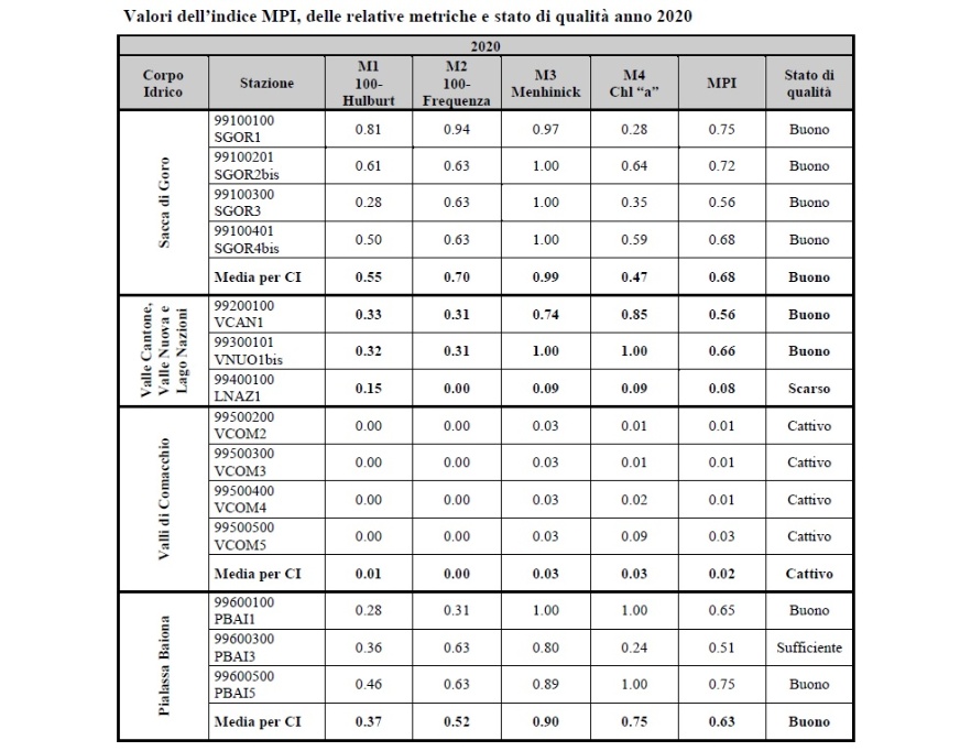 Valori dell'indice MPI, delle relative metriche e stato di qualità (2020)