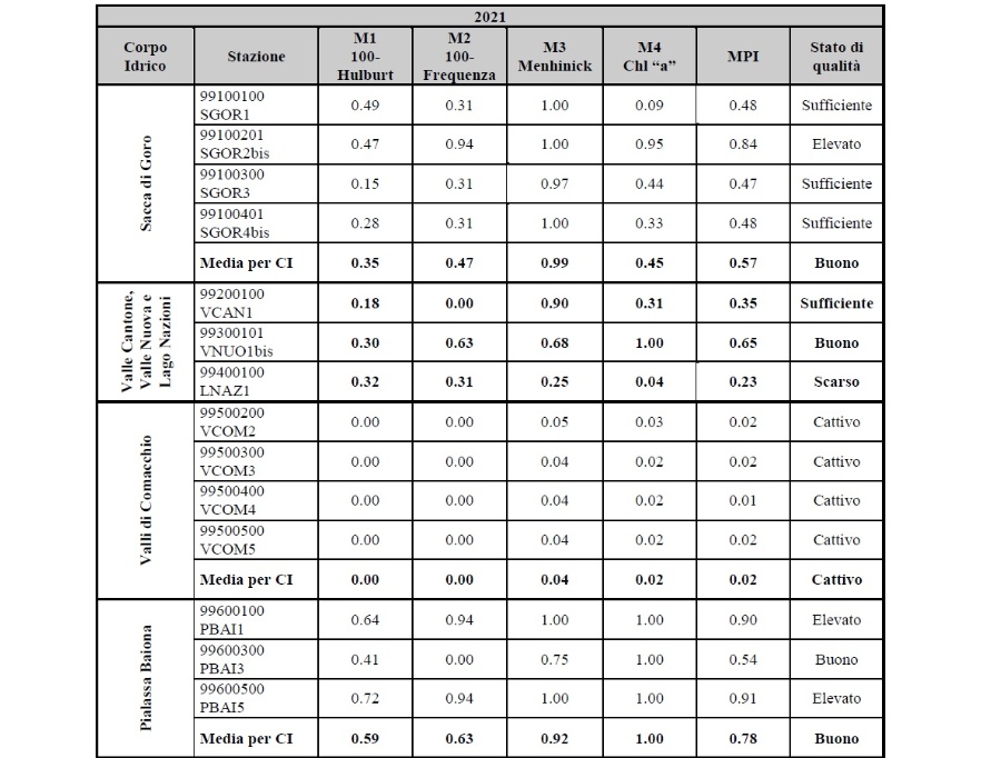 Valori dell'indice MPI, delle relative metriche e stato di qualità (2021)