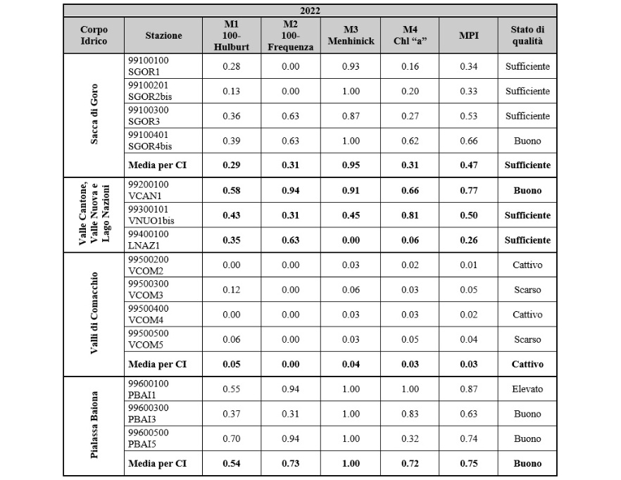 Valori dell'indice MPI, delle relative metriche e stato di qualità (2022)