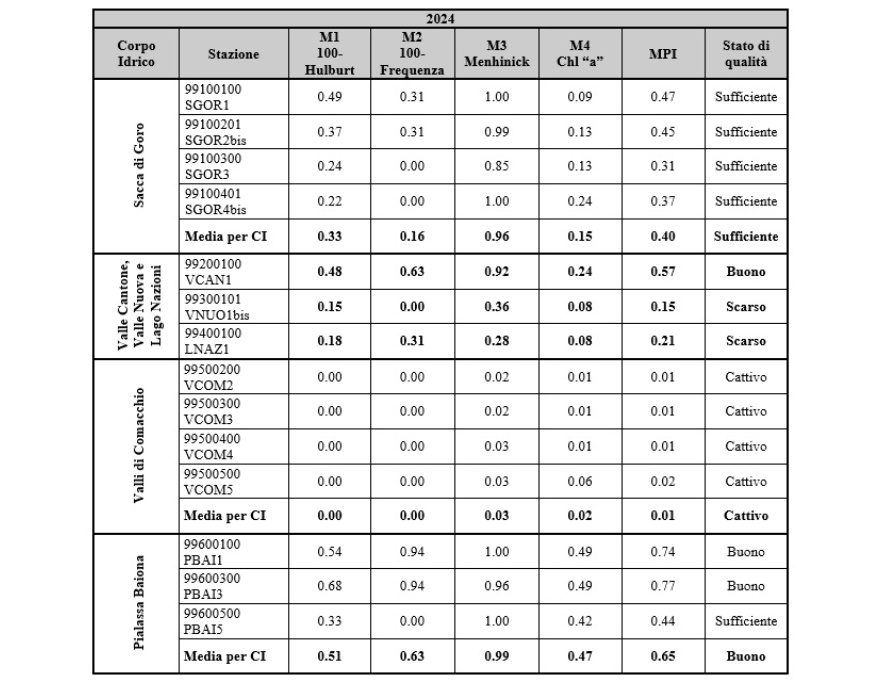 Valori dell'indice MPI, delle relative metriche e stato di qualità (2024)