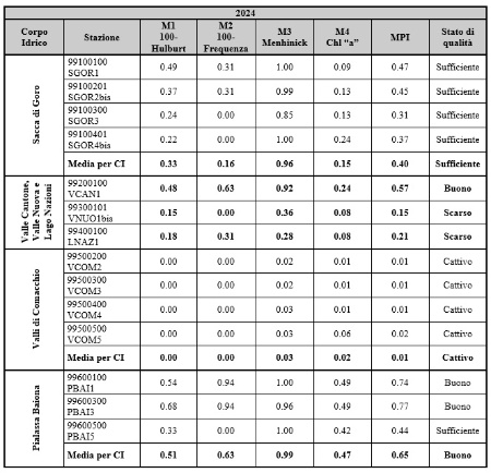 Tabella 2:  Valore dell'indice MPI, delle relative metriche e stato di qualità (2024)