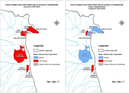 Figura 2: Stato chimico dei corpi idrici di transizione: sessennio 2014-2019. Mappa obbligatoria relativa a tutte le sostanze a sinistra; mappa supplementare che esclude il contributo delle sostanze elencate ai punti a, b e c dell’art. 78 decies a destra