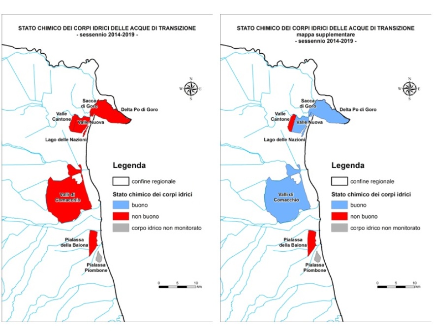 Stato chimico dei corpi idrici di transizione: sessennio 2014-2019. Mappa obbligatoria relativa a tutte le sostanze a sinistra; mappa supplementare che esclude il contributo delle sostanze elencate ai punti a, b e c dell’art. 78 decies a destra