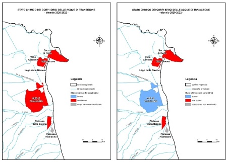 Figura 1: Valutazione intermedia triennio 2020-2022 per lo stato chimico dei corpi idrici di transizione. Mappa obbligatoria relativa a tutte le sostanze a sinistra; mappa supplementare che esclude il contributo delle sostanze elencate ai punti a, b e c dell’art. 78 decies a destra