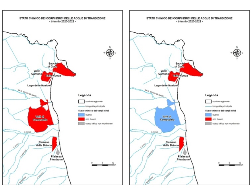 Valutazione intermedia triennio 2020-2022 per lo stato chimico dei corpi idrici di transizione. Mappa obbligatoria relativa a tutte le sostanze a sinistra; mappa supplementare che esclude il contributo delle sostanze elencate ai punti a, b e c dell’art. 78 decies a destra