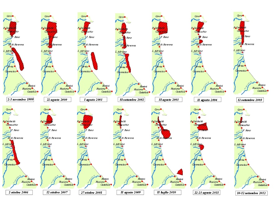 Mappe di distribuzione delle condizioni anossiche delle acque di fondo da costa fino a 10 km al largo (1999-2012)