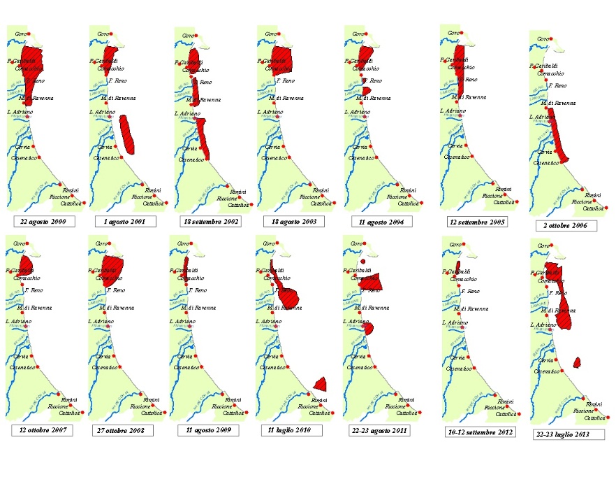 Mappe di distribuzione delle condizioni anossiche delle acque di fondo da costa fino a 10 km al largo (2000-2013)