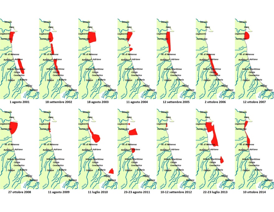 Mappe di distribuzione delle condizioni anossiche delle acque di fondo da costa fino a 10 km al largo (2001-2014)