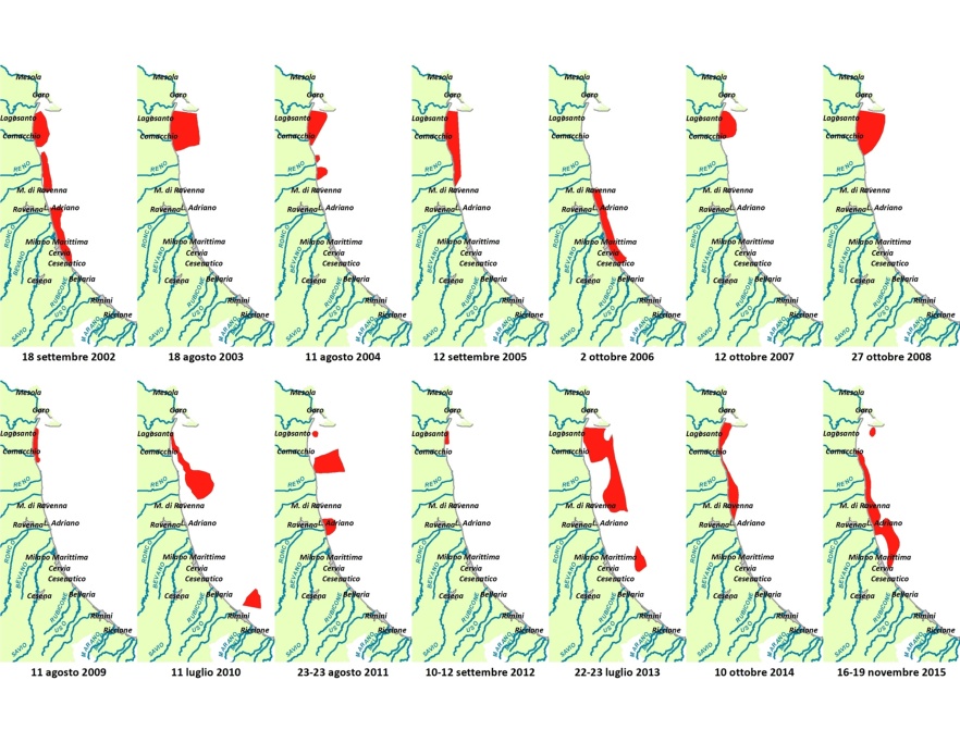 Mappe di distribuzione delle condizioni anossiche delle acque di fondo da costa fino a 10 km al largo (2002-2015)