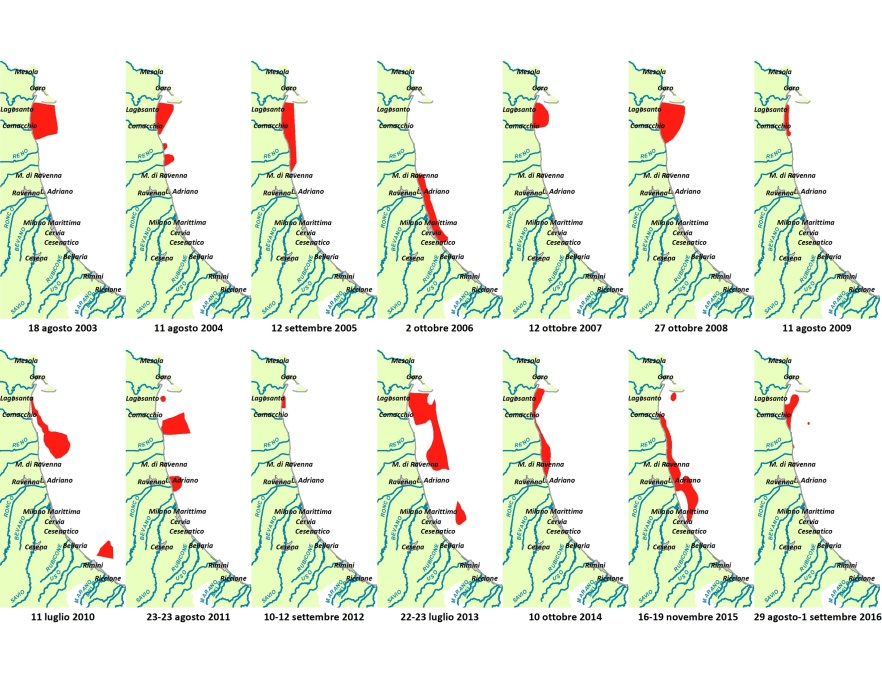 Mappe di distribuzione delle condizioni anossiche delle acque di fondo da costa fino a 10 km al largo (2003-2016)