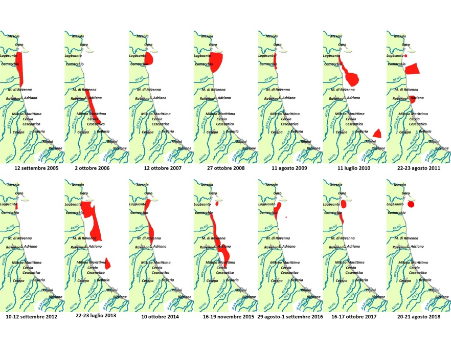 Mappe di distribuzione delle condizioni anossiche delle acque di fondo da costa fino a 10 km al largo (2005-2018)
