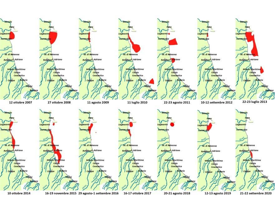 Mappe di distribuzione delle condizioni anossiche delle acque di fondo da costa fino a 10 km al largo (2007-2020)