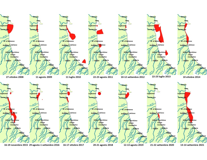 Mappe di distribuzione delle condizioni anossiche delle acque di fondo da costa fino a 10 km al largo (2008-2021)
