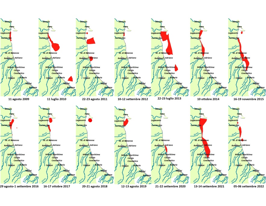 Mappe di distribuzione delle condizioni anossiche delle acque di fondo da costa fino a 10 km al largo (2009-2022)