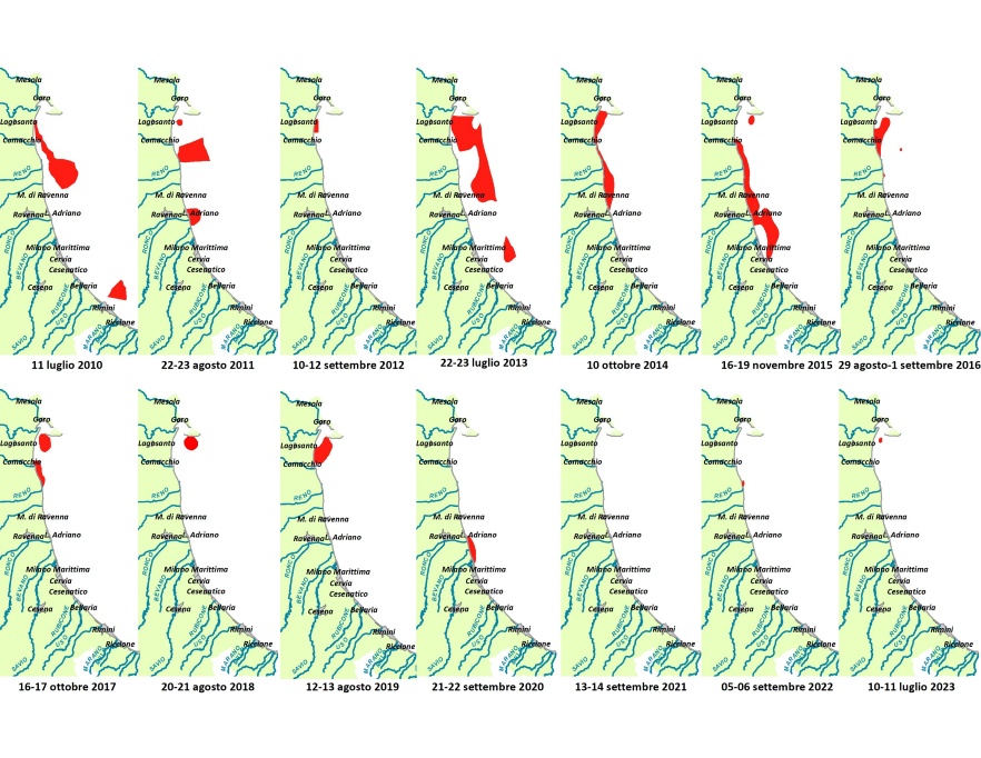 Mappe di distribuzione delle condizioni anossiche delle acque di fondo da costa fino a 10 km al largo (2010-2023)