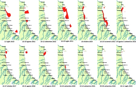 Figura 1: Mappe di distribuzione della massima estensione annuale delle condizioni anossiche (concentrazione di ossigeno disciolto inferiore a 1 mg/l) delle acque di fondo dal delta del Po a Cattolica e da costa fino a 10 km al largo (2010-2023)