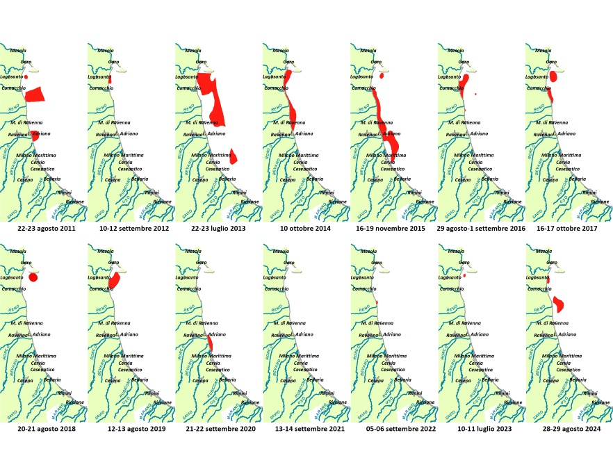 Mappe di distribuzione delle condizioni anossiche delle acque di fondo da costa fino a 10 km al largo (2011-2024)