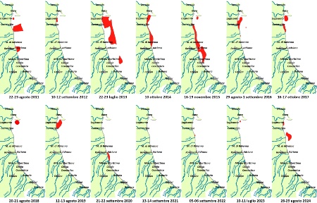 Figura 1: Mappe di distribuzione della massima estensione annuale delle condizioni anossiche (concentrazione di ossigeno disciolto inferiore a 1 mg/l) delle acque di fondo dal delta del Po a Cattolica e da costa fino a 10 km al largo (2011-2024)