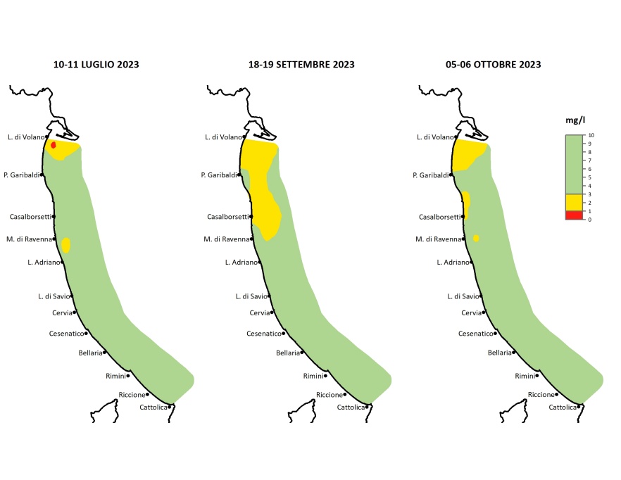 Mappe di distribuzione delle condizioni anossiche/ipossiche delle acque di fondo, da costa fino a 10 km al largo (2023)