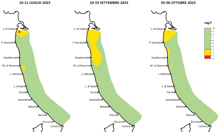 Figura 2: Mappe di distribuzione della massima estensione delle condizioni anossiche*/ipossiche** delle acque di fondo, da costa fino a 10 km al largo (2023). Nota: *anossia = concentrazione di ossigeno disciolto inferiore a 1 mg/l; **ipossia = concentrazione di ossigeno disciolto tra 1 e 3 mg/l