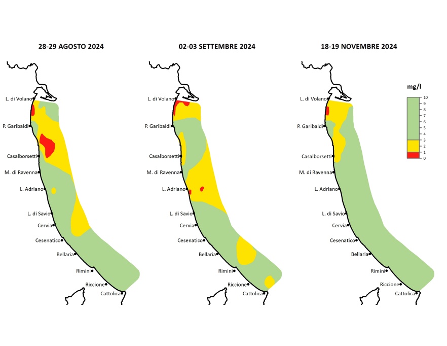 Mappe di distribuzione delle condizioni anossiche/ipossiche delle acque di fondo, da costa fino a 10 km al largo (2024)