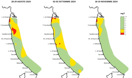 Figura 2: Mappe di distribuzione della massima estensione delle condizioni anossiche*/ipossiche** delle acque di fondo, da costa fino a 10 km al largo (2024). Nota: *anossia = concentrazione di ossigeno disciolto inferiore a 1 mg/l; **ipossia = concentrazione di ossigeno disciolto tra 1 e 3 mg/l