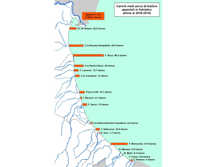Carichi annui di fosforo totale (t/anno) apportati in Adriatico dalle principali aste fluviali della regione (stime al 2016-2018)
