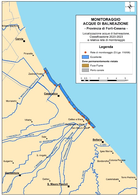 Figura 1c: Mappa della classificazione delle acque di balneazione della Provincia di Forlì-Cesena (2020-2023)