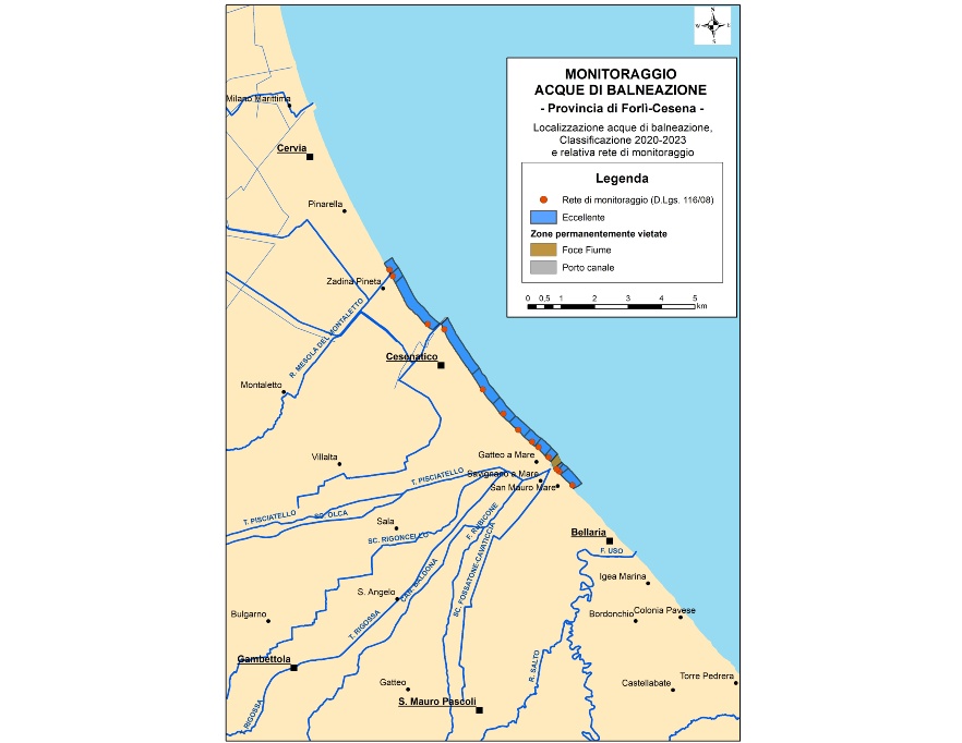 Mappa della classificazione delle acque di balneazione della Provincia di Forlì-Cesena (2020-2023)