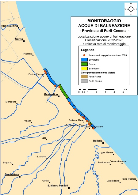 Figura 1c: Mappa della classificazione delle acque di balneazione della Provincia di Forlì-Cesena (2022-2025)